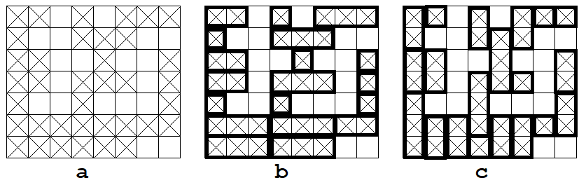 Bojātas mūra sienas fragmenta piemērs, K=3, N=7, M=8